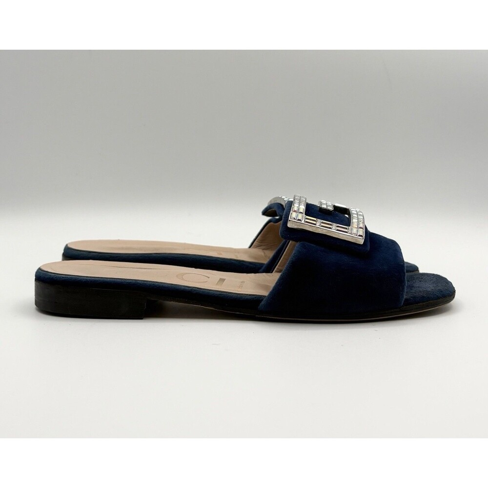 Gucci Blue Velvet Sandals w/ Crystal Embellished Monogram Accent Slides EU 37.5 - Picture 3 of 12